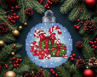 Modèle de point de croix boule de Noël : cadeaux, cannes de bonbon (PDF)