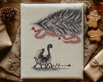 Funny Cat Christmas Tree Cross Stitch Pattern, Grey Cat Embroidery (PDF)