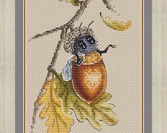 Patrón de punto de cruz de escarabajo y bellota, Arte de la naturaleza (Patrón en PDF)