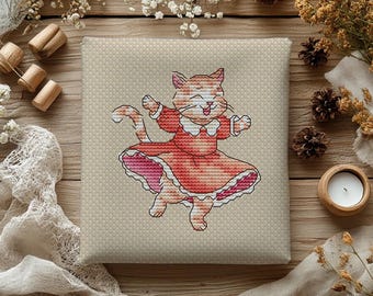 Funny Kitty Cross Stitch Pattern | Playful Cat Folk Art (Digital Download)