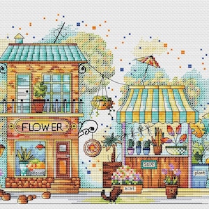 Flower Shop Cross Stitch Pattern: Cityscape Houses Embroidery (PDF)