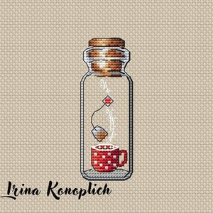 Tea Cup Cross Stitch Pattern Bottle Pattern Tea Bag PDF Pattern Small Pattern Easy Pattern Mini DMC Chart Printable PDF Instant Download