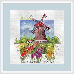 Holland Cross Stitch Pattern Tulips Pattern Windmill Cross Stitch Pattern Spring Pattern Landscape DMC Chart Printable PDF Instant Download