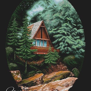 Kreuzstichmuster Holzhaus Kreuzstichmuster Wald Stickerei Holzhaus Kreuzstichmuster DMC Stickmuster zum ausdrucken und drucken
