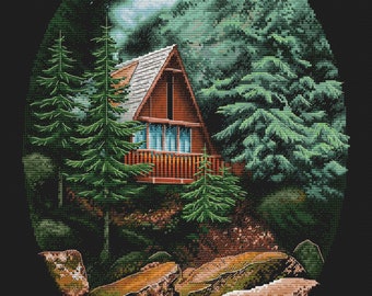 Kreuzstichmuster Holzhütte, Wald bestickt (PDF Download)