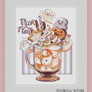 Trick or Treat Cross Stitch Pattern Halloween Pattern Cute Ghost Pdf Pattern Coffee Pattern DMC Chart Printable PDF Instant Download