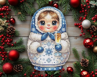 Festive Matryoshka Christmas Cross Stitch Pattern: Champagne Doll (PDF Pattern)