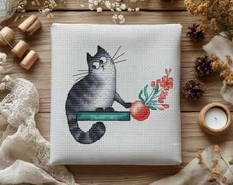 Patrón de punto de cruz de gato gris divertido, bordado de gatito (PDF)