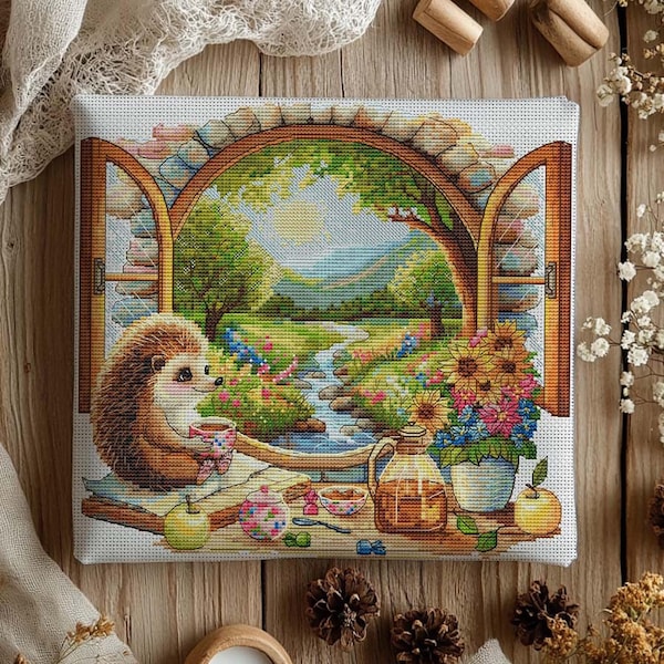 Hedgehog Summer Landscape Cross Stitch Pattern (PDF Download)