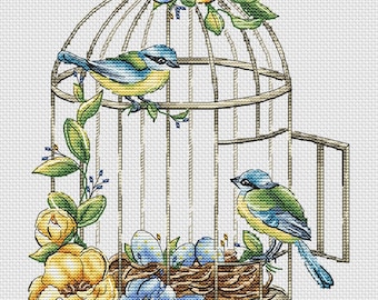 Patrón de punto de cruz de nido de pájaro, patrón de jaula de pájaro, pájaros, bordado, pájaro pequeño, punto de cruz, pájaros, gráfico DMC, PDF imprimible, descarga instantánea