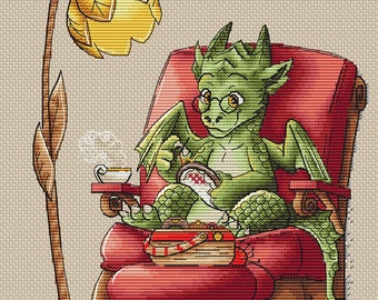 Cozy Dragon Cross Stitch Pattern Fantasy Pattern Cute Dragon Embroidery Green Dragon Cross Stitch DMC Chart Printable PDF Instant Download