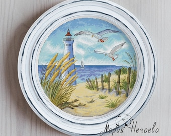 Patrón de punto de cruz de faro con paisaje marino, bordado de playa (PDF)