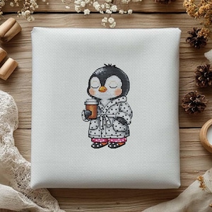 Penguin with Coffee Cross Stitch Pattern, Funny Cartoon (PDF Pattern)