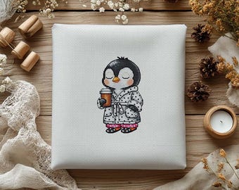 Modèle de point de croix pingouin avec café, dessin animé amusant (Modèle PDF)