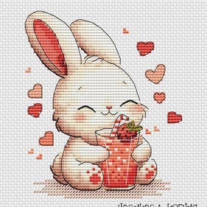 Joli lapin au point de croix Motif petit lapin Motif bébé lapin Motif lapin blanc Cœurs Grille DMC imprimable PDF à téléchargement immédiat