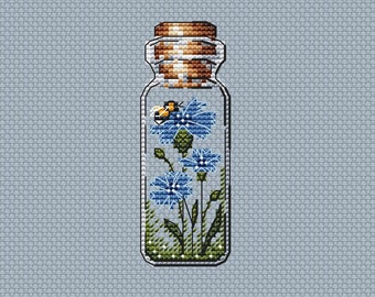 Cornflowers Cross Stitch Pattern Bottle Pattern Blue Flowers PDF Pattern Easy Pattern Small Pattern DMC Chart Printable PDF Instant Download