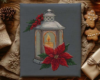 Patrón de punto de cruz de linterna con flor de Pascua (PDF) / Bordado festivo con brillo / Arte con luces y flores navideñas / Descarga instantánea