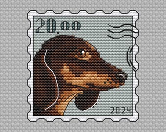 Modèle de point de croix de timbre-poste teckel : broderie de chiot (modèle PDF)