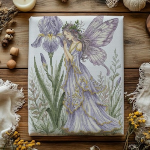 Iris Fairy Cross Stitch Pattern | Floral Embroidery Art (Digital Download)
