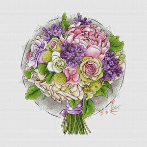 May include: A cross-stitch pattern of a wedding bouquet with pink peonies, white roses, and purple lilac flowers tied with a purple ribbon.