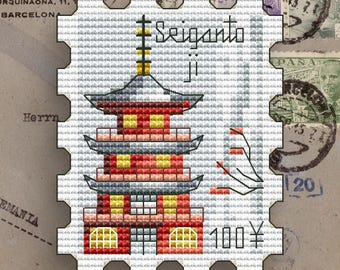 Seiganto-ji Temple Cross Stitch Pattern: Asia Postage Stamp (PDF)