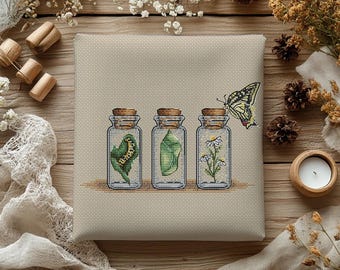 Butterfly Life Cycle Cross Stitch Pattern, Chamomile Flowers (PDF Pattern)