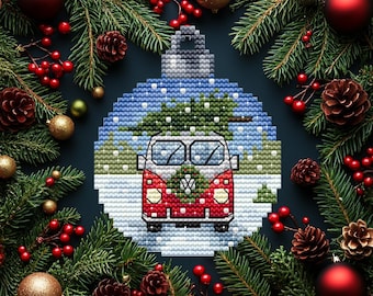 Modèle de point de croix de boule de Noël Volkswagen vintage (téléchargement PDF)