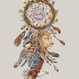 Traumfänger Kreuzstichmuster Adler Muster Löwe Muster Federn Muster Talisman Muster Eule DMC Chart Printable PDF Instant Download