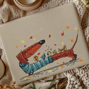 Dachshund & Birds Cross Stitch Pattern: Autumn Leaves (PDF Pattern)