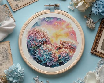 Sunrise Hydrangea Cross Stitch Pattern | Floral Embroidery (PDF Pattern)