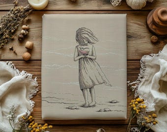 Girl on Beach Cross Stitch Pattern, Monochrome Embroidery (PDF Download)