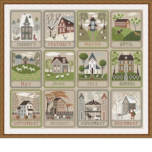 Kalender kruissteekpatroon seizoenen PDF-patroon dorp borduurwerk platteland patroon Cottage DMC-grafiek afdrukbare pdf direct downloaden