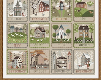 Calendrier village au point de croix : broderie de chalet des saisons (modèle PDF)
