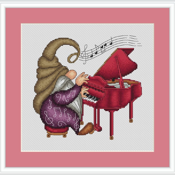 Gnome Pianist Cross Stitch Pattern Piano PDF Pattern Cute Gnome Embroidery Gnome Musician Pattern DMC Chart Printable PDF Instant Download