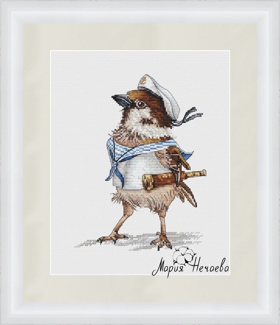 スパロウ・セーラーのクロスステッチパターン、鳥の刺繍（PDFパターン