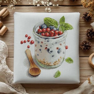 Berries and Yogurt Cross Stitch Pattern, Still Life Design (PDF Pattern)