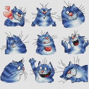 Cat Stickers Cross Stitch Pattern Funny Cat Pattern Cute Cat Embroidery Cat Emoji Cross Stitch Cat DMC Chart Printable PDF Instant Download
