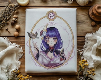 Schema punto croce Raiden, ritratto di Genshin (download PDF)