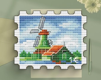 Patrón de punto de cruz de sello postal de molino de viento: Paisaje de Zaanse Schans (patrón PDF)