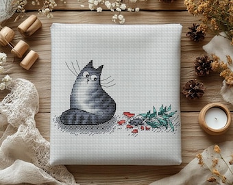 Funny Cat Cross Stitch Pattern: Naughty Grey Cat Embroidery (PDF)
