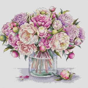 Flowers Cross Stitch Pattern, Floral Modern Cross Stitch Pattern, Pink Peonies Cross Stitch, Bouquet Cross Stitch, Instant Download PDF