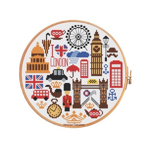England Kreuzstich Muster Vereinigtes Königreich PDF Muster Runder Sampler Stickerei London Kreuzstich England Muster PDF Instant Download