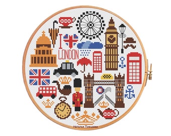 England Cross Stitch Pattern United Kingdom PDF Pattern Round Sampler Embroidery London Cross Stitch England Pattern PDF Instant Download