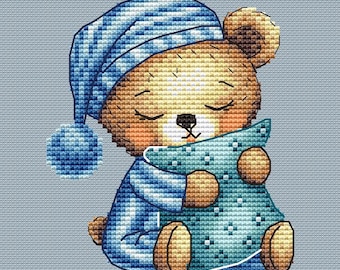 Patrón de punto de cruz de osito bebé dormilón, osito de peluche de dibujos animados (patrón en PDF)