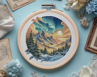 Northern Lights Cross Stitch Pattern: Snowy Mountains Winter Scene (PDF Pattern)