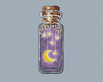 Stars Cross Stitch Pattern Bottle Pattern Moon PDF Pattern Crescent Pattern Small Pattern Simple DMC Chart Printable PDF Instant Download