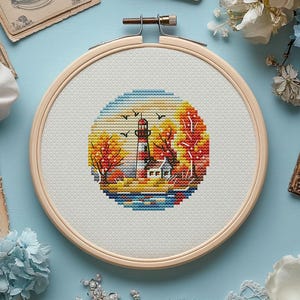 Autumn Lighthouse Cross Stitch Pattern, Fall Landscape (PDF Pattern)