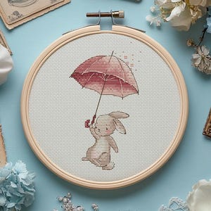Bunny with Umbrella Cross Stitch Pattern, Cartoon Animal (PDF)