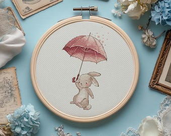 Hase mit Regenschirm Kreuzstich-Muster, Cartoon Tier (PDF)
