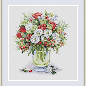 Flowers Cross Stitch Pattern, Floral Modern Cross Stitch Pattern, Red Flowers Cross Stitch, Instant Download PDF